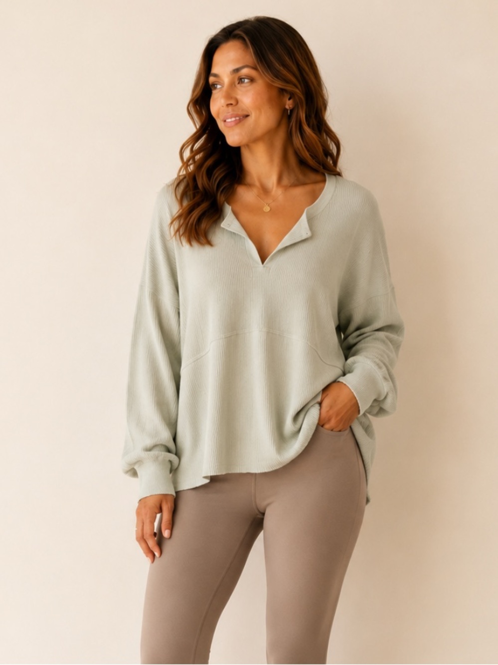 Free People We The Free Sage Green Ribbed Boho Tunic Top Small